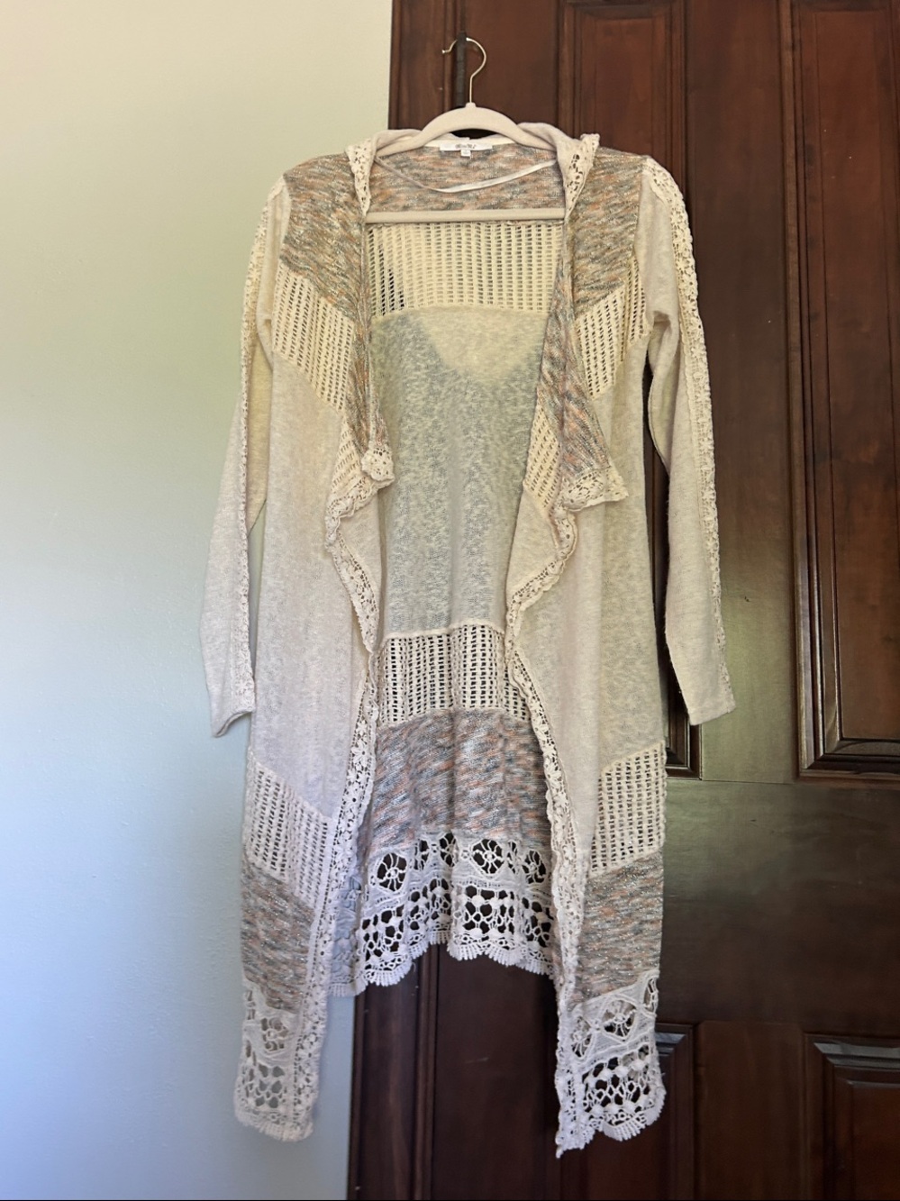 MISS ME Ivory  Open-Front Hooded Crochet Cardigan with Multitone Accents